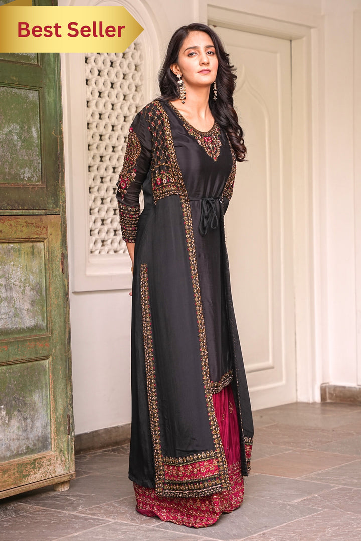 BLACK SHARARA SET FOR WOMEN- PAIRED WITH JACKET - EMBROIDERED WITH RESHAM & HANDWORK - SET OF 3