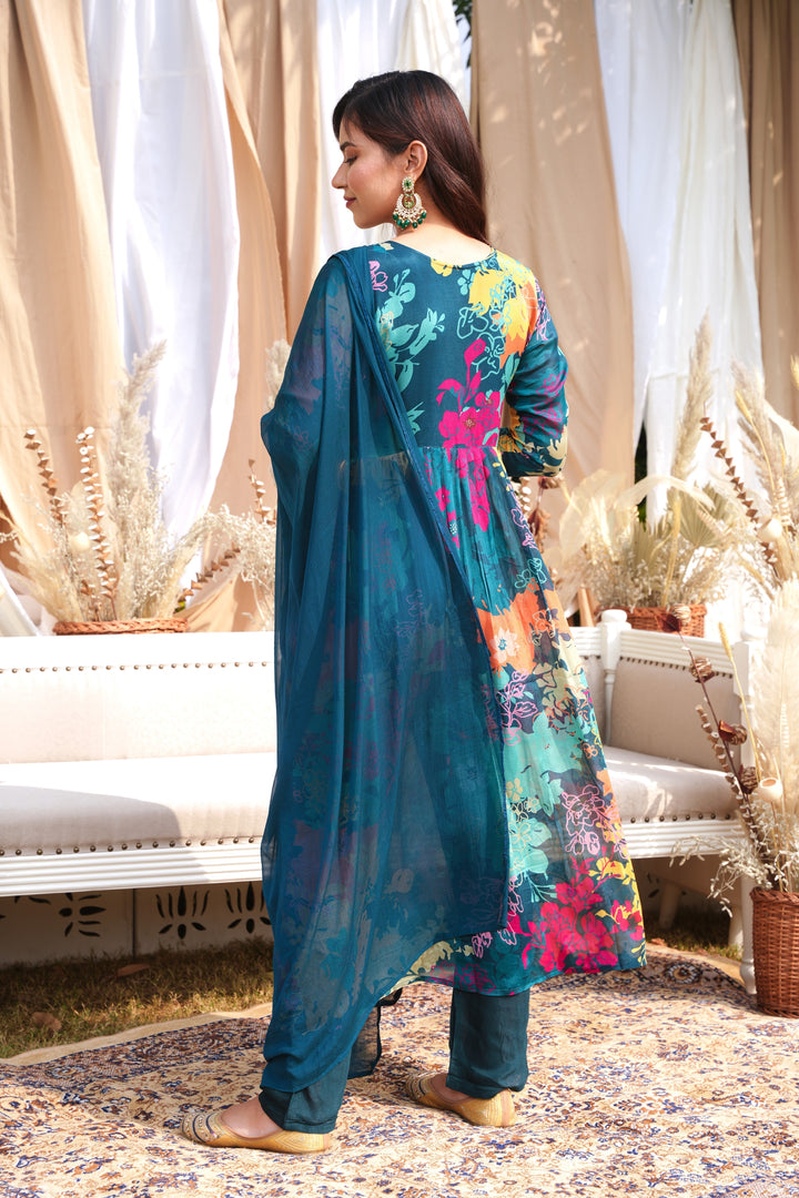 WOMEN'S FLORAL PRINTED - DABKA, DOREE, PEARL, SEQUIN & CUTDANA EMBROIDERED - PLEATED KURTA, PANT AND DUPATTA SET OF 3 - BLUE