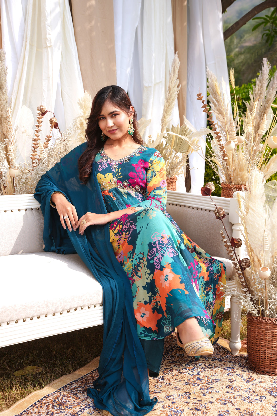 WOMEN'S FLORAL PRINTED - DABKA, DOREE, PEARL, SEQUIN & CUTDANA EMBROIDERED - PLEATED KURTA, PANT AND DUPATTA SET OF 3 - BLUE