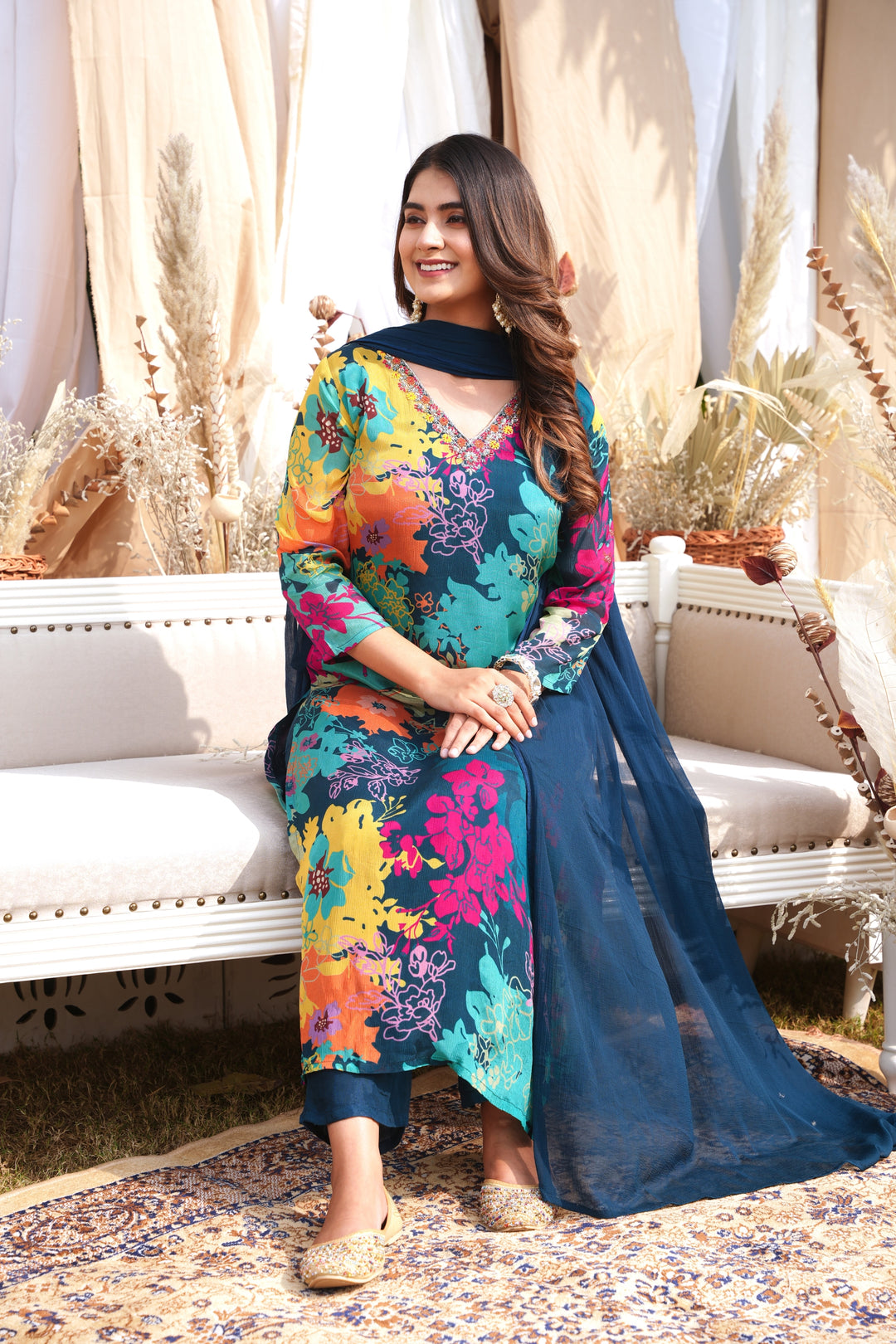 WOMEN'S FLORAL PRINTED - DABKA, DOREE & CUTDANA EMBROIDERED - STRAIGHT KURTA, PANT SET OF 3 - BLUE