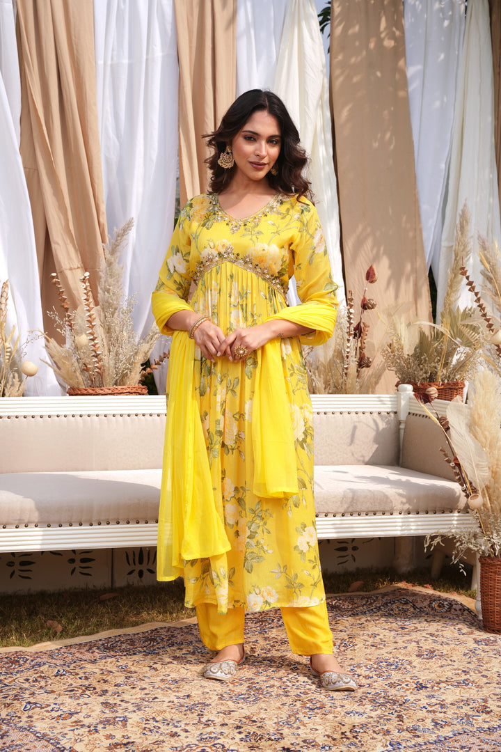 WOMEN'S FLORAL PRINTED - DABKA, DOREE, PEARL, SEQUIN & CUTDANA EMBROIDERED - PLEATED KURTA, PANT AND DUPATTA SET OF 3 - LIME YELLOW