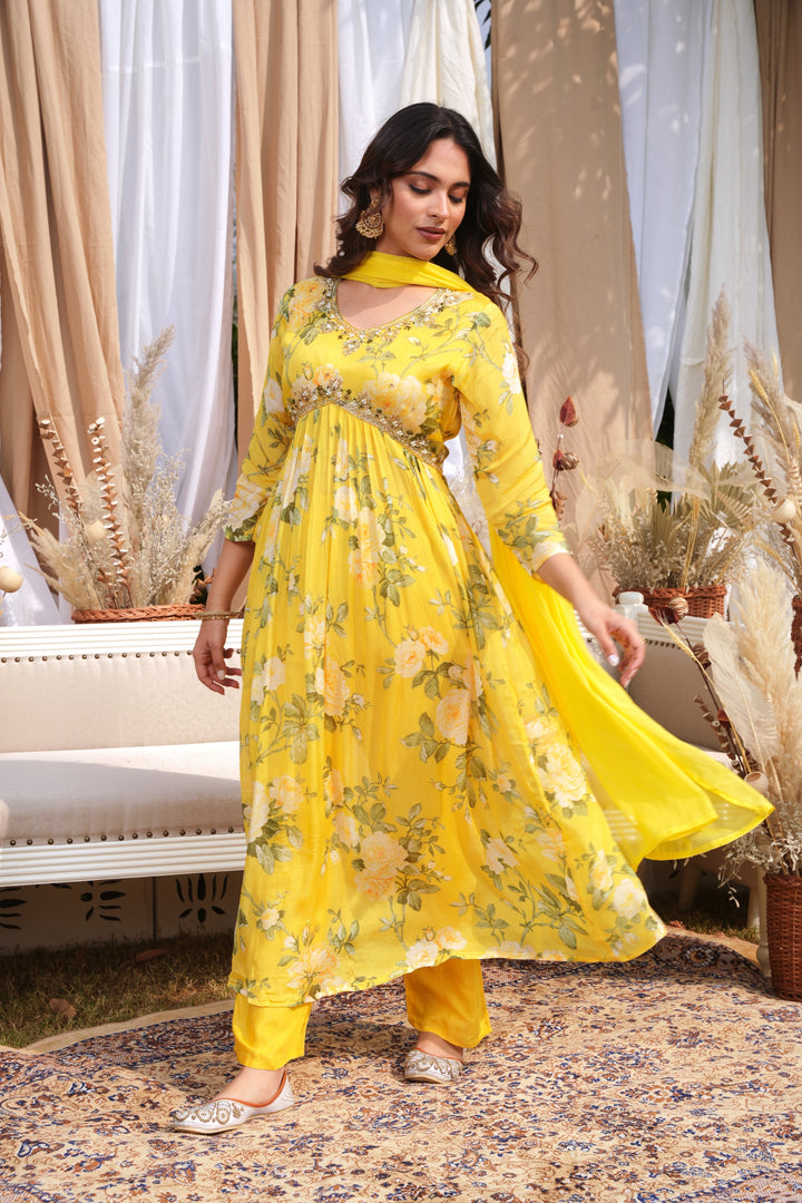 WOMEN'S FLORAL PRINTED - DABKA, DOREE, PEARL, SEQUIN & CUTDANA EMBROIDERED - PLEATED KURTA, PANT AND DUPATTA SET OF 3 - LIME YELLOW