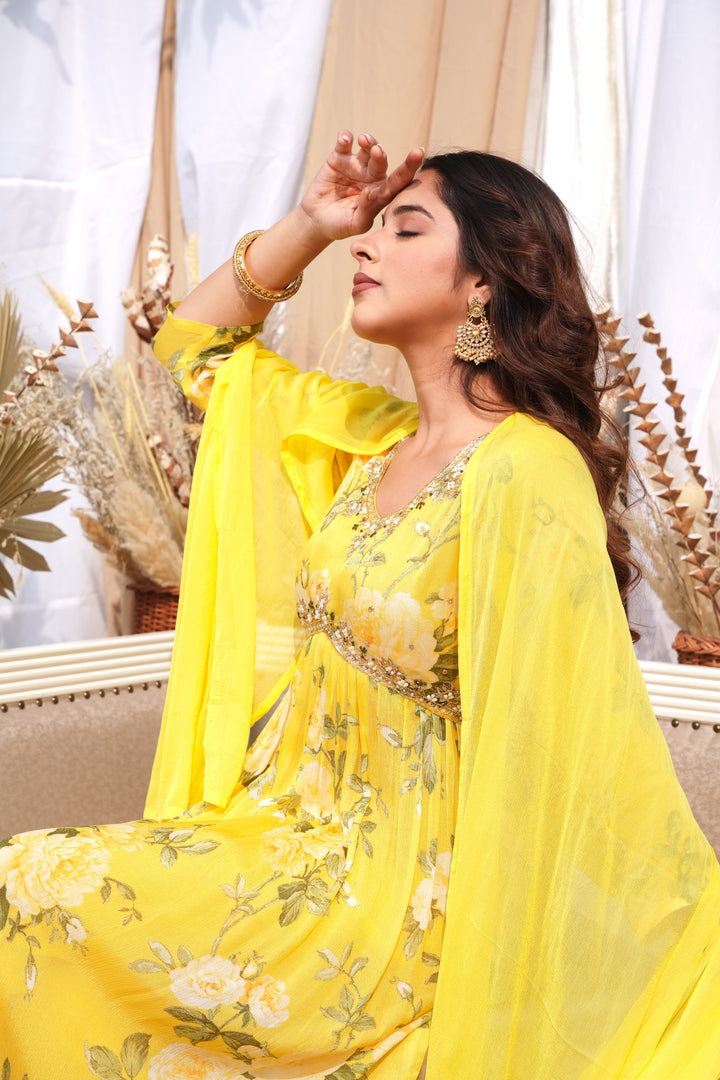 WOMEN'S FLORAL PRINTED - DABKA, DOREE, PEARL, SEQUIN & CUTDANA EMBROIDERED - PLEATED KURTA, PANT AND DUPATTA SET OF 3 - LIME YELLOW