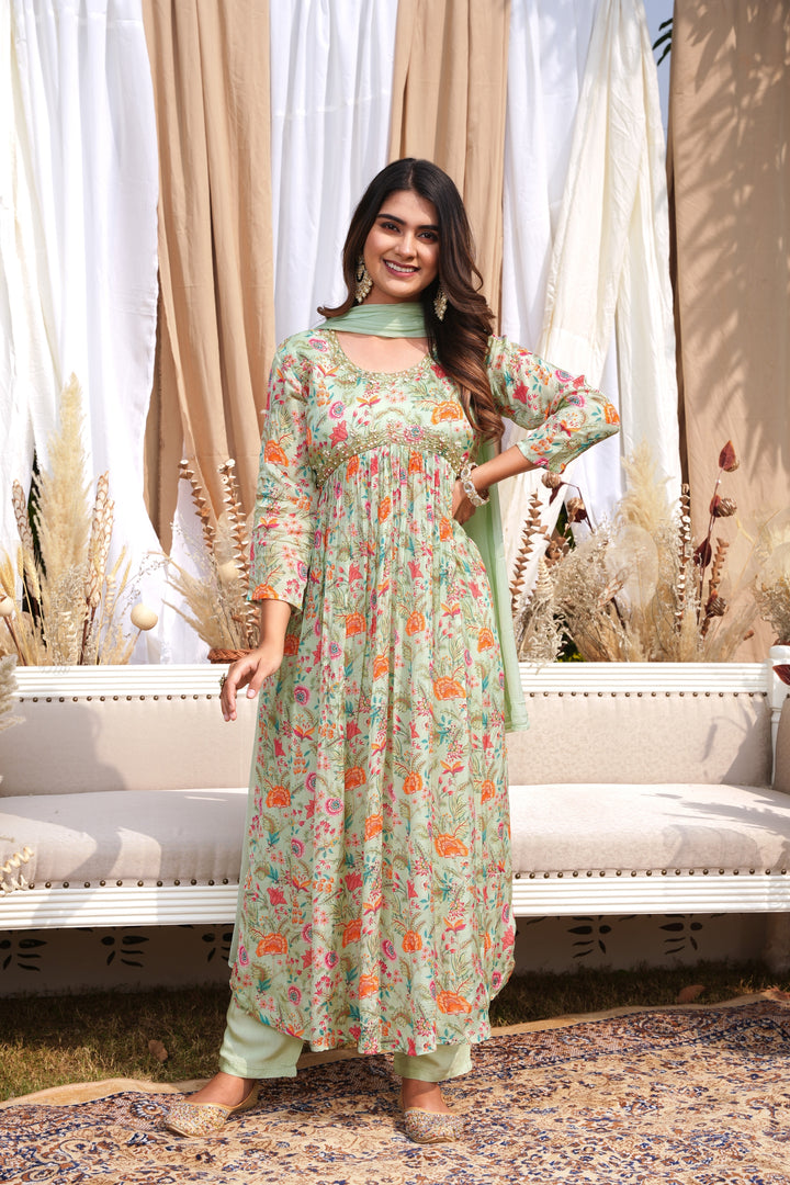 WOMEN'S FLORAL PRINTED - DABKA, PEARL, SEQUIN & CUTDANA EMBROIDERED - PLEATED KURTA, PANT AND DUPATTA SET OF 3 - MINT GREEN