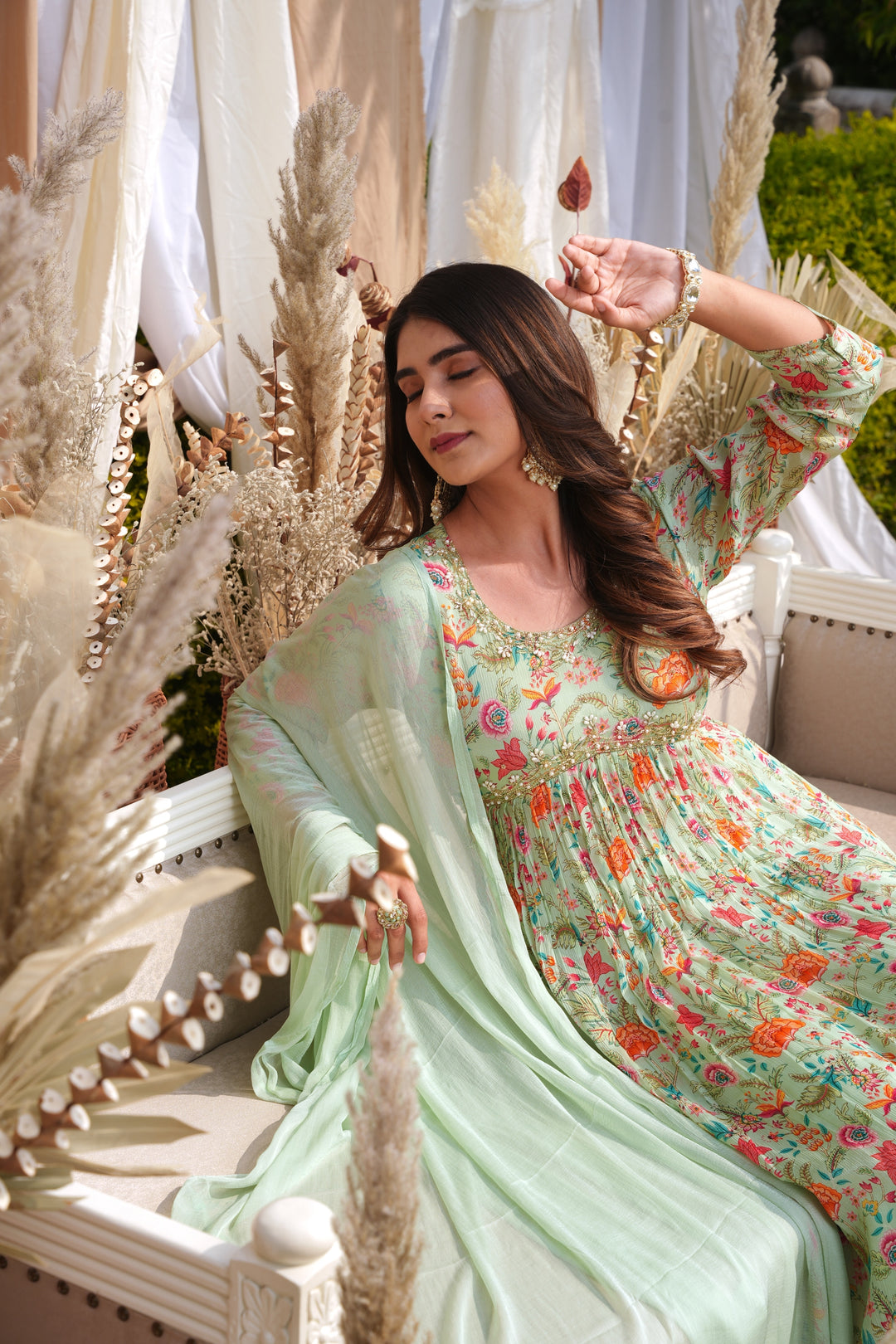 WOMEN'S FLORAL PRINTED - DABKA, PEARL, SEQUIN & CUTDANA EMBROIDERED - PLEATED KURTA, PANT AND DUPATTA SET OF 3 - MINT GREEN