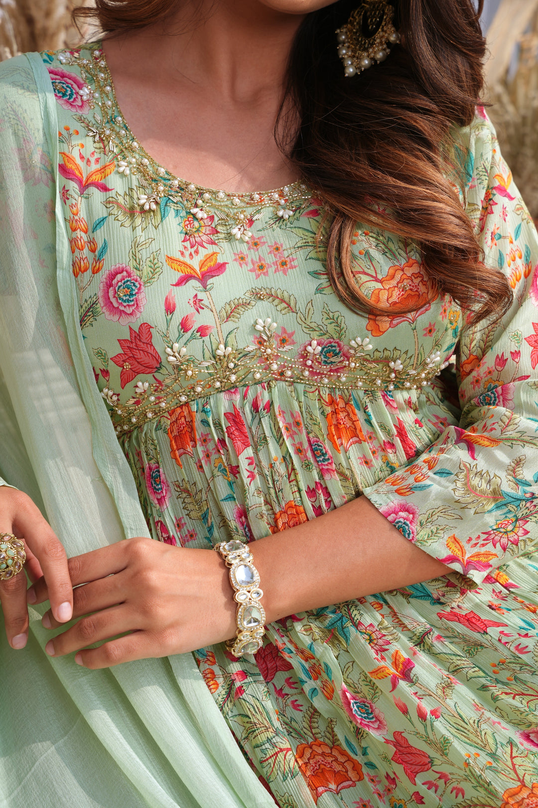 WOMEN'S FLORAL PRINTED - DABKA, PEARL, SEQUIN & CUTDANA EMBROIDERED - PLEATED KURTA, PANT AND DUPATTA SET OF 3 - MINT GREEN