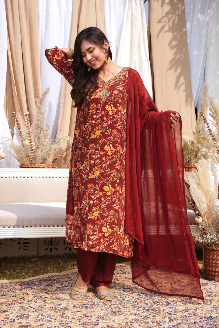 WOMEN'S FLORAL PRINTED - DABKA, DOREE & CUTDANA EMBROIDERED - STRAIGHT KURTA, PANT SET OF 3 - BROWN