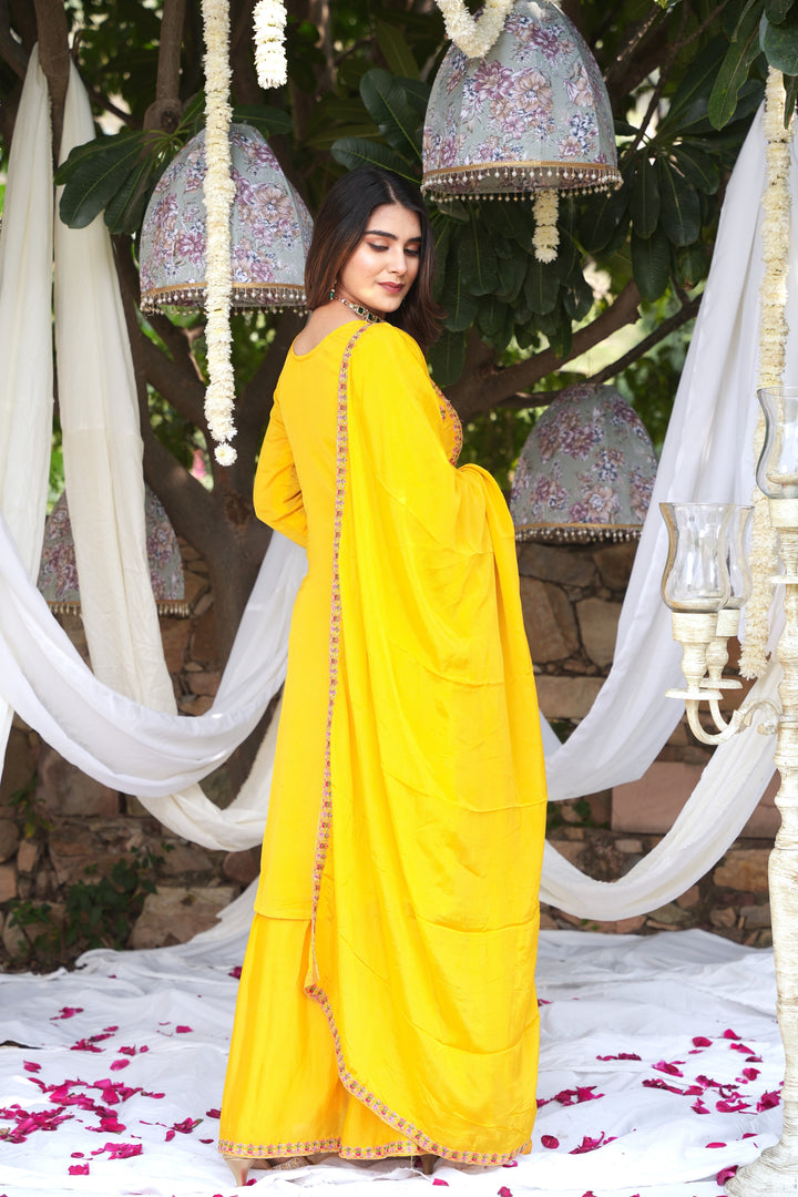 YELLOW SHARARA SET FOR WOMEN- PAIRED WITH DUPATTA - EMBROIDERED WITH RESHAM & HANDWORK - SET OF 3