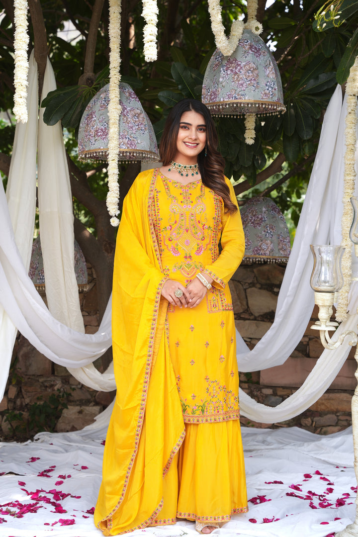 YELLOW SHARARA SET FOR WOMEN- PAIRED WITH DUPATTA - EMBROIDERED WITH RESHAM & HANDWORK - SET OF 3