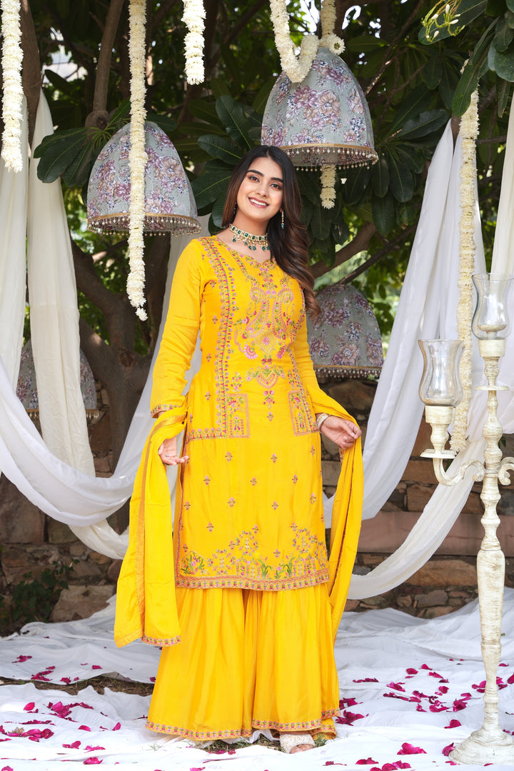 YELLOW SHARARA SET FOR WOMEN- PAIRED WITH DUPATTA - EMBROIDERED WITH RESHAM & HANDWORK - SET OF 3