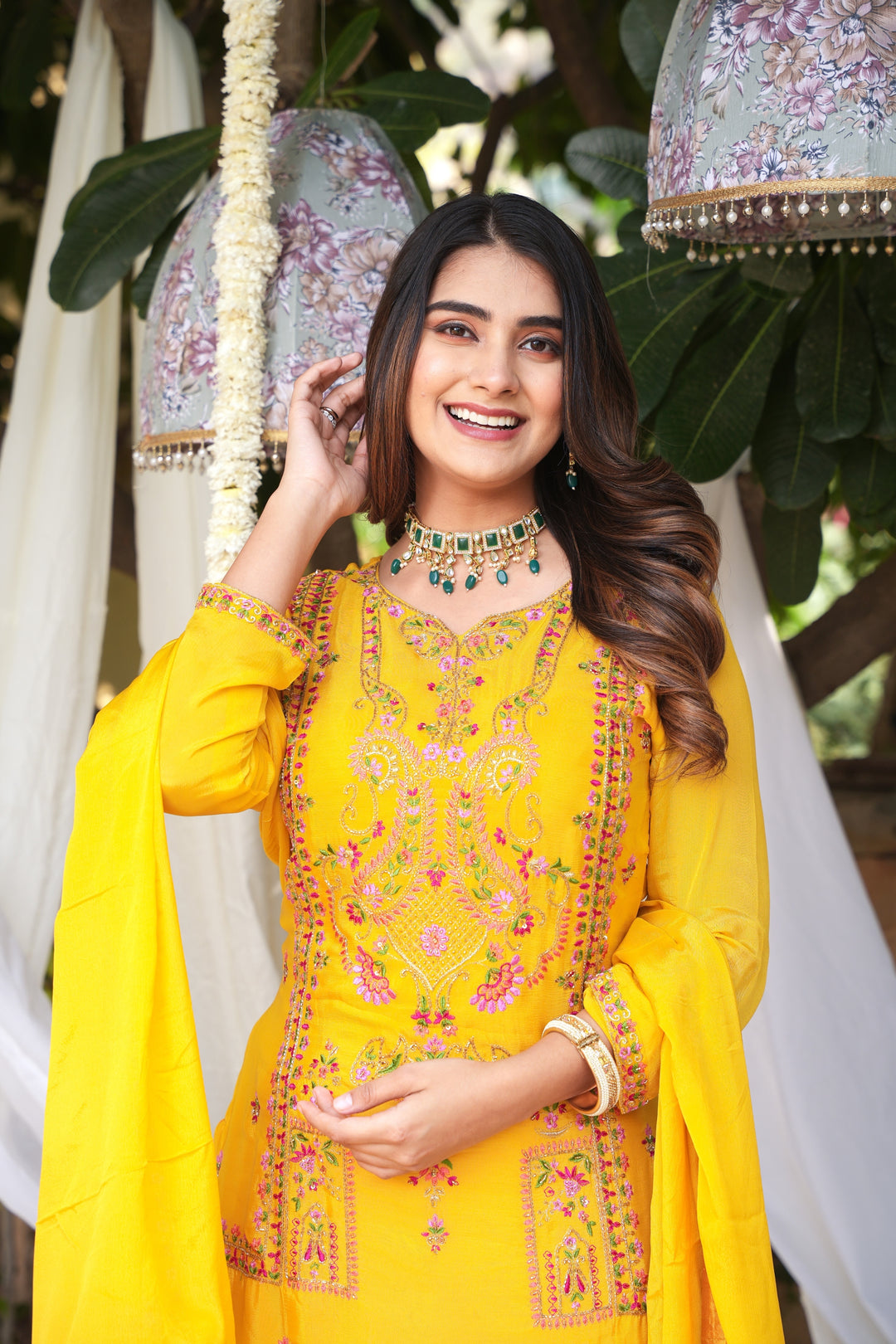 YELLOW SHARARA SET FOR WOMEN- PAIRED WITH DUPATTA - EMBROIDERED WITH RESHAM & HANDWORK - SET OF 3