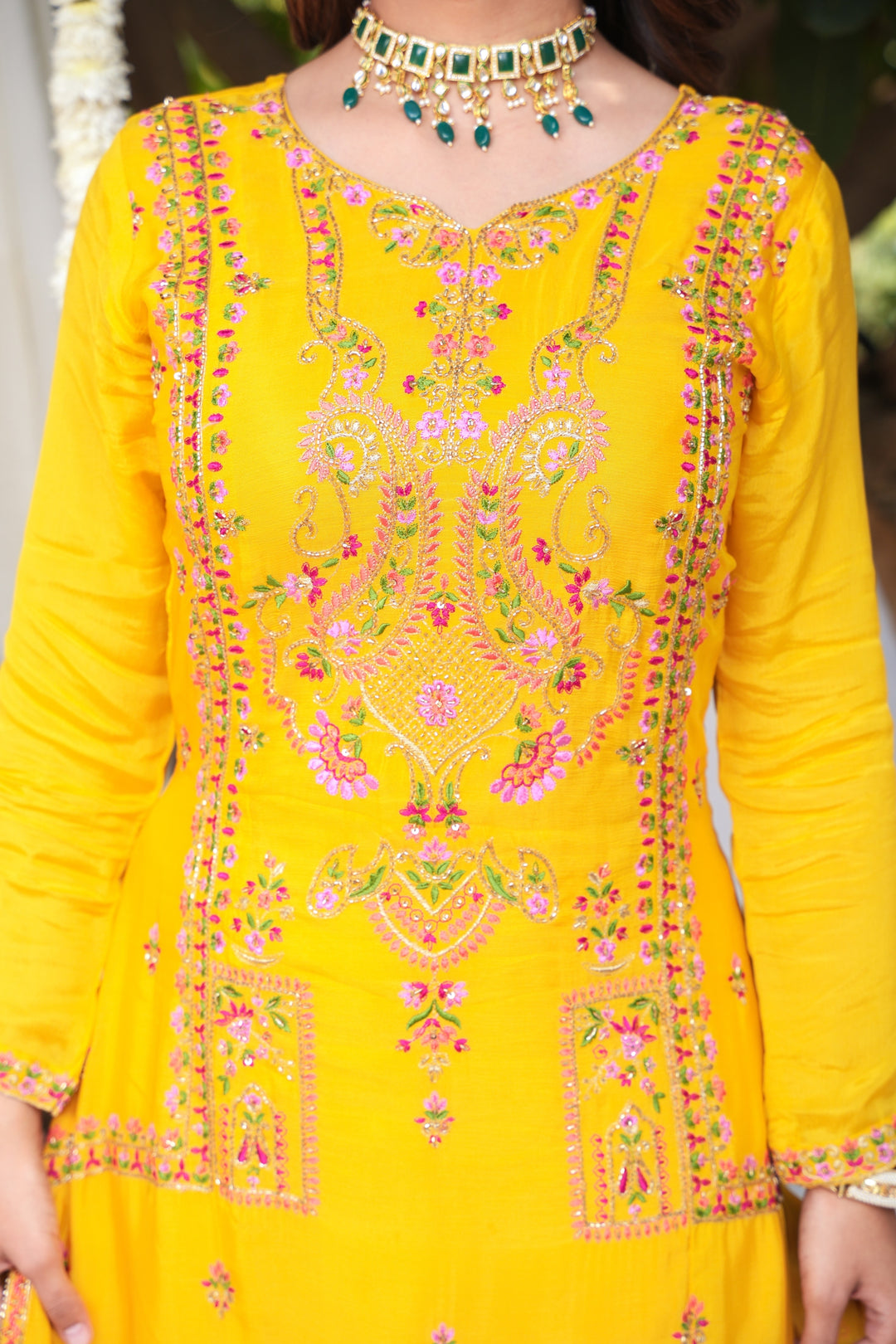 YELLOW SHARARA SET FOR WOMEN- PAIRED WITH DUPATTA - EMBROIDERED WITH RESHAM & HANDWORK - SET OF 3