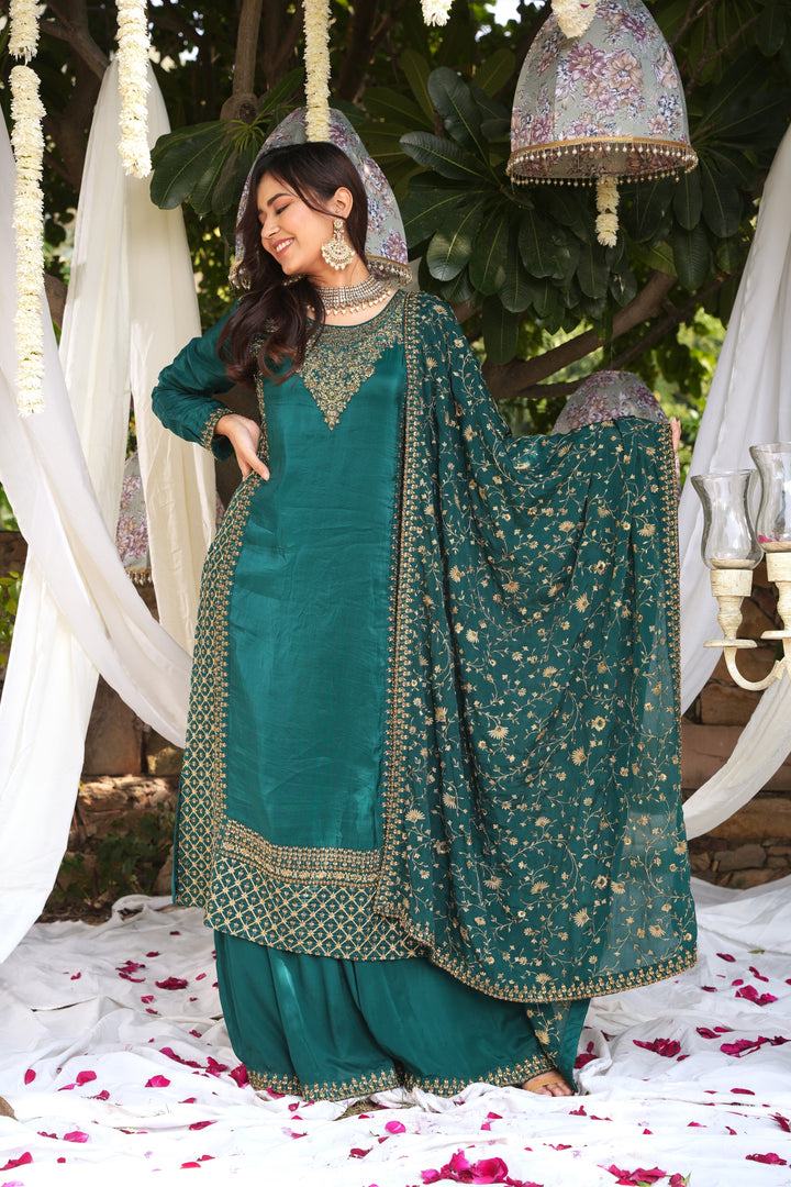 GREEN KURTA & LEHENGA SET FOR WOMEN - PAIRED WITH DUPATTA - EMBROIDERED WITH ZARI & HANDWORK - SET OF 3