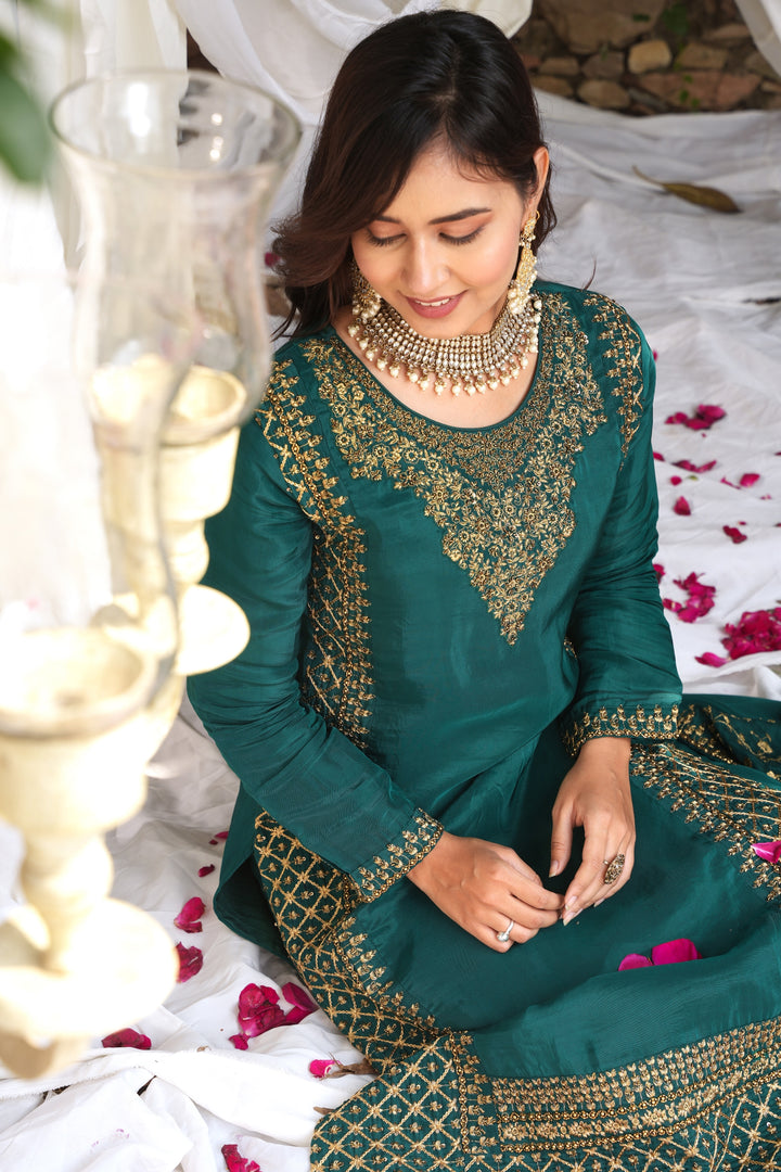 GREEN KURTA & LEHENGA SET FOR WOMEN - PAIRED WITH DUPATTA - EMBROIDERED WITH ZARI & HANDWORK - SET OF 3