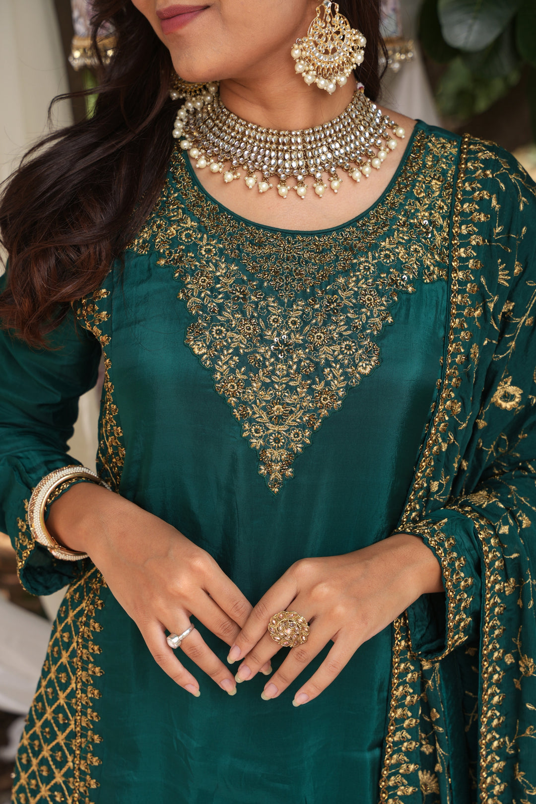 GREEN KURTA & LEHENGA SET FOR WOMEN - PAIRED WITH DUPATTA - EMBROIDERED WITH ZARI & HANDWORK - SET OF 3