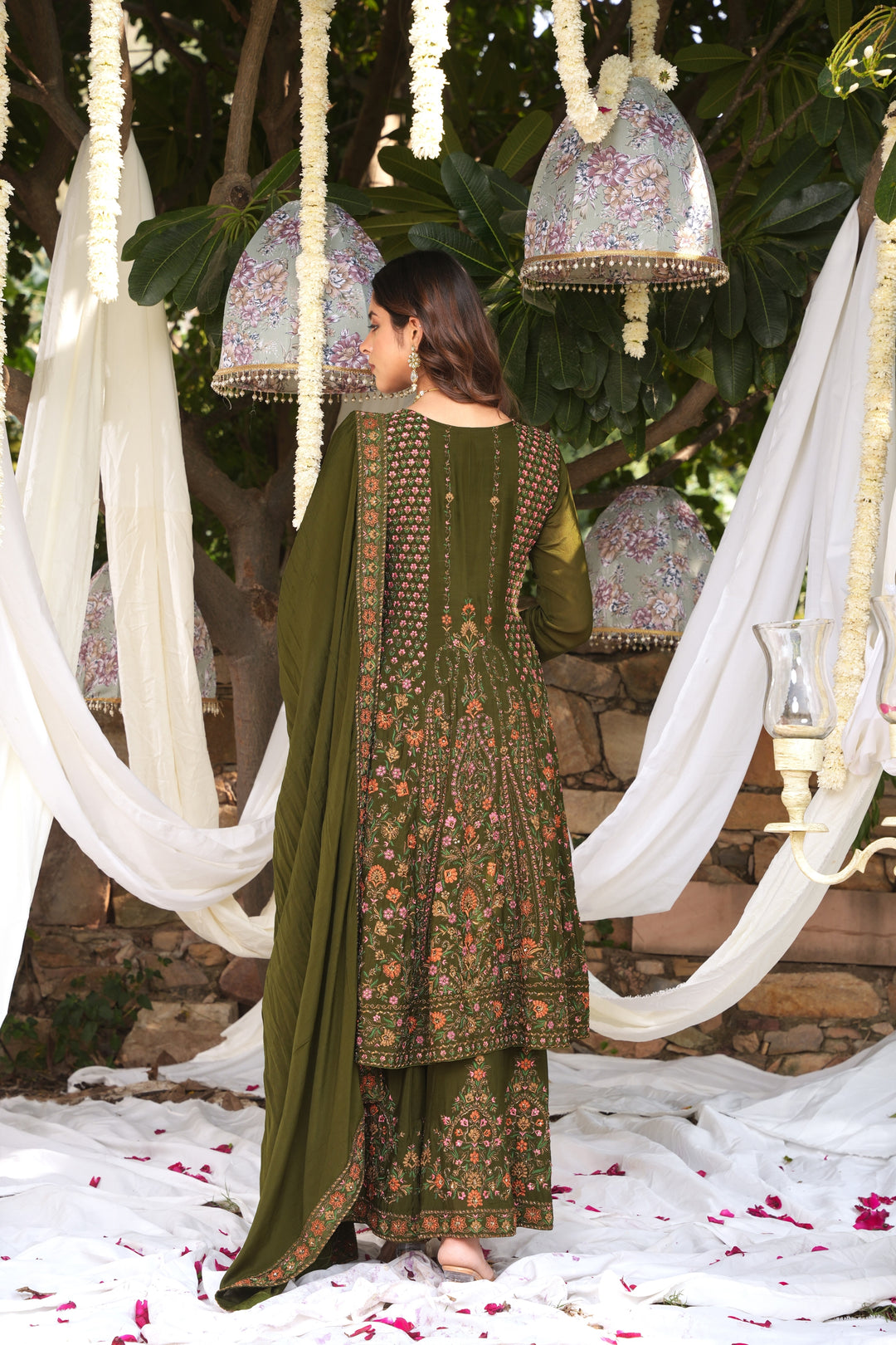 MEHENDI GREEN SHARARA SET FOR WOMEN- PAIRED WITH DUPATTA - EMBROIDERED WITH RESHAM & HANDWORK - SET OF 3