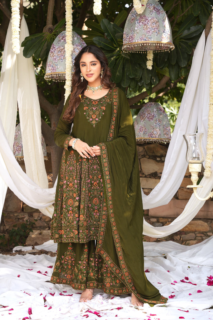 MEHENDI GREEN SHARARA SET FOR WOMEN- PAIRED WITH DUPATTA - EMBROIDERED WITH RESHAM & HANDWORK - SET OF 3