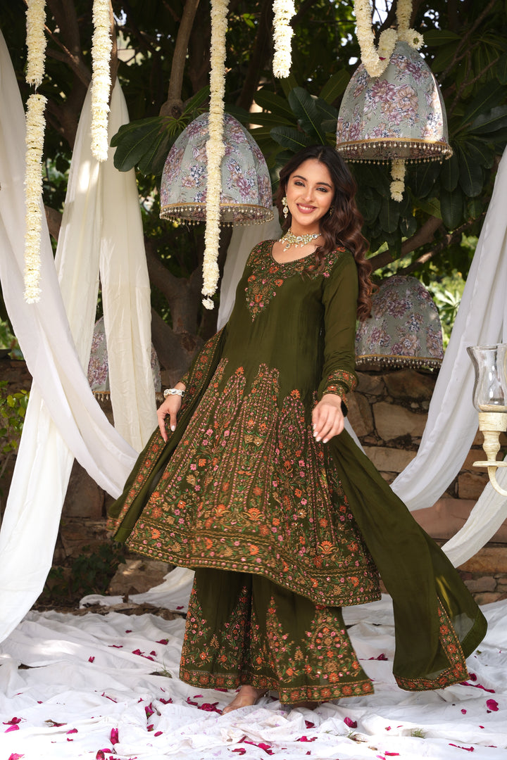 MEHENDI GREEN SHARARA SET FOR WOMEN- PAIRED WITH DUPATTA - EMBROIDERED WITH RESHAM & HANDWORK - SET OF 3