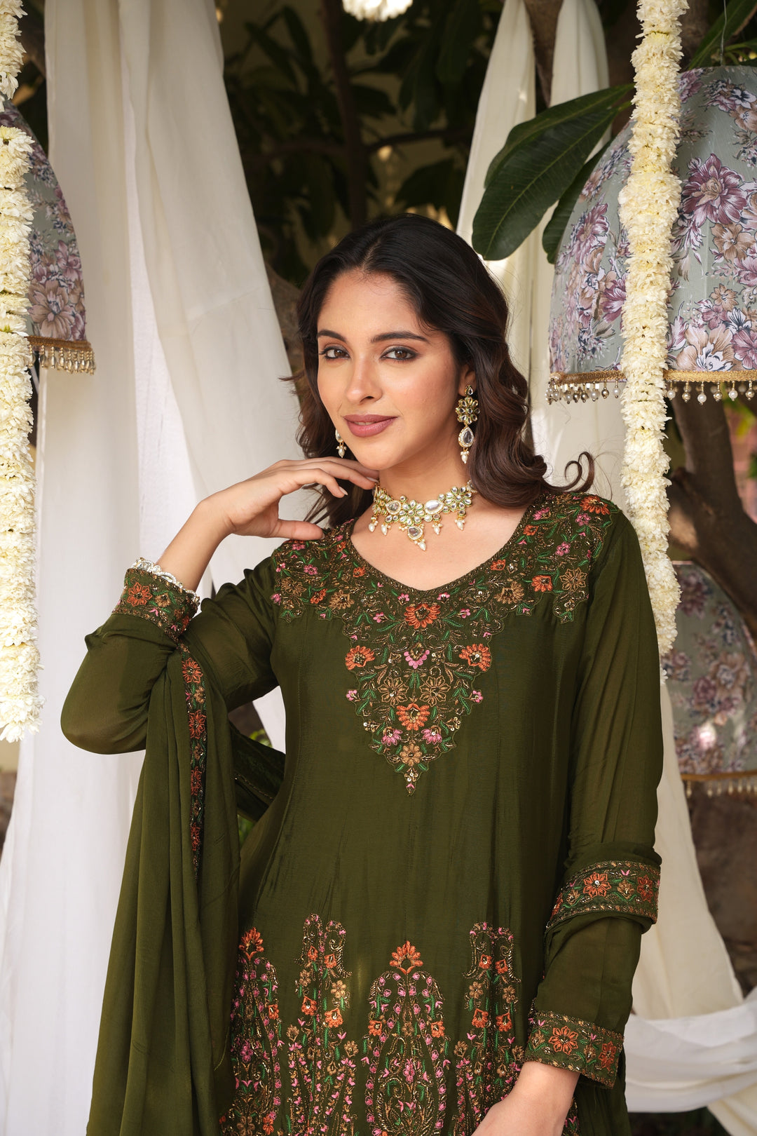 MEHENDI GREEN SHARARA SET FOR WOMEN- PAIRED WITH DUPATTA - EMBROIDERED WITH RESHAM & HANDWORK - SET OF 3