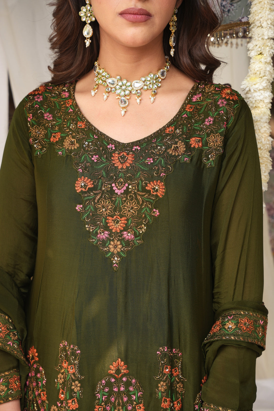 MEHENDI GREEN SHARARA SET FOR WOMEN- PAIRED WITH DUPATTA - EMBROIDERED WITH RESHAM & HANDWORK - SET OF 3