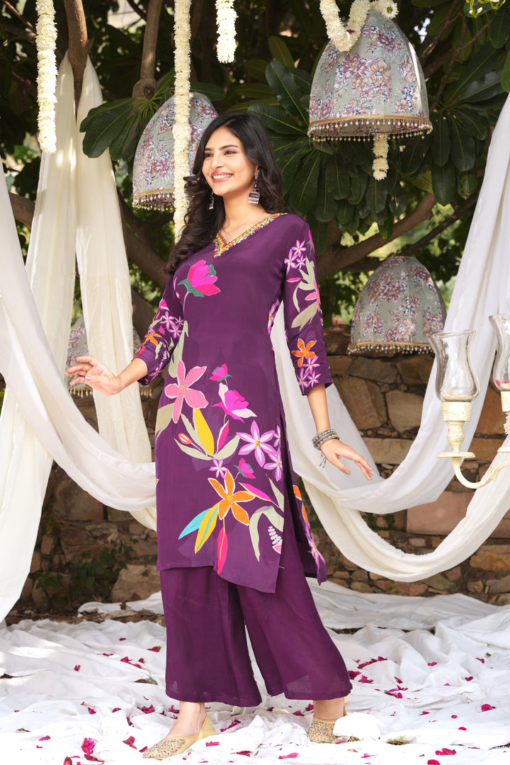 WOMEN'S FLORAL PRINTED - DABKA, DOREE, PEARL & CUTDANA EMBROIDERED - STRAIGHT KURTA, PANT SET OF 2 - PURPLE