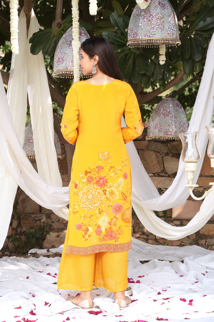 WOMEN'S FLORAL PRINTED - DABKA, DOREE, SEQUIN & CUTDANA EMBROIDERED - STRAIGHT KURTA, PANT SET OF 2 - YELLOW