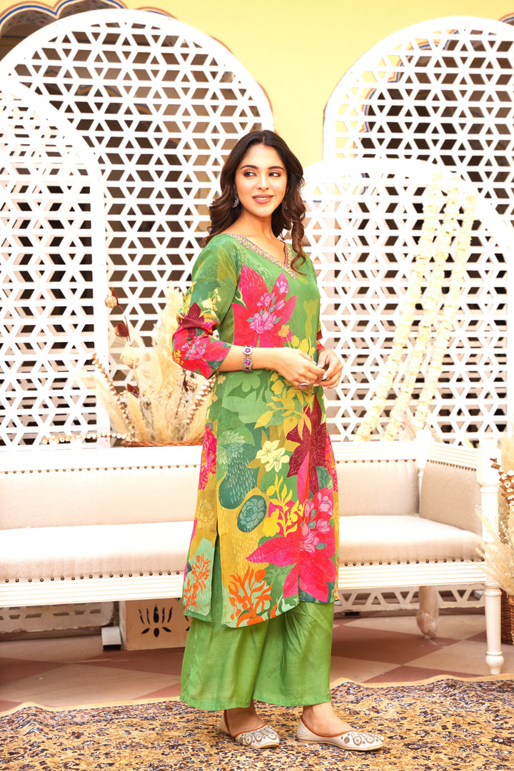 WOMEN'S FLORAL PRINTED - DABKA, DOREE, PEARL & CUTDANA EMBROIDERED - STRAIGHT KURTA, PANT SET OF 2 - GREEN