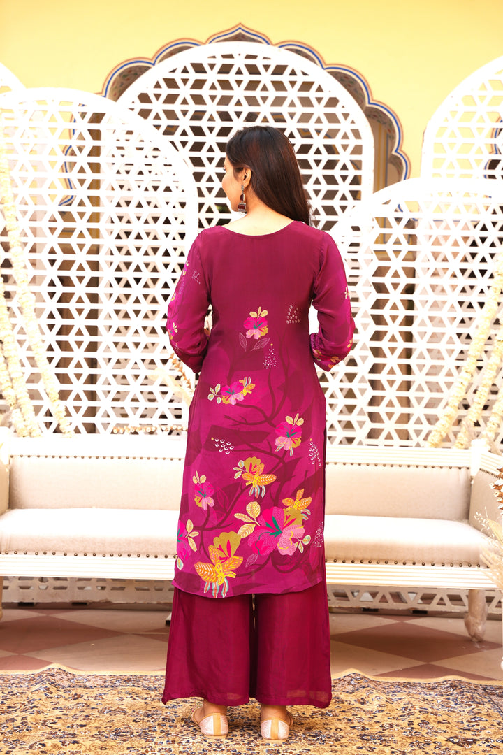 WOMEN'S FLORAL PRINTED - DABKA, DOREE, PEARL & CUTDANA EMBROIDERED - STRAIGHT KURTA, PANT SET OF 2 - MAROON