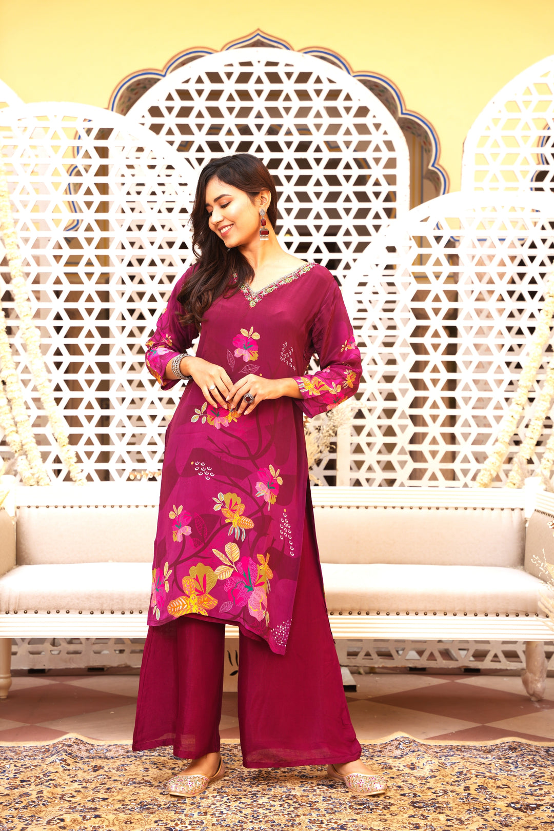 WOMEN'S FLORAL PRINTED - DABKA, DOREE, PEARL & CUTDANA EMBROIDERED - STRAIGHT KURTA, PANT SET OF 2 - MAROON