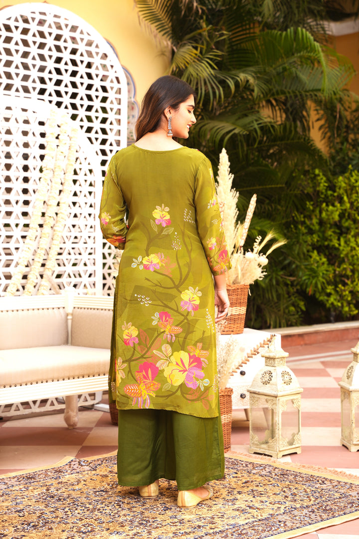 WOMEN'S FLORAL PRINTED - DABKA, DOREE, PEARL & CUTDANA EMBROIDERED - STRAIGHT KURTA, PANT SET OF 2 - GREEN