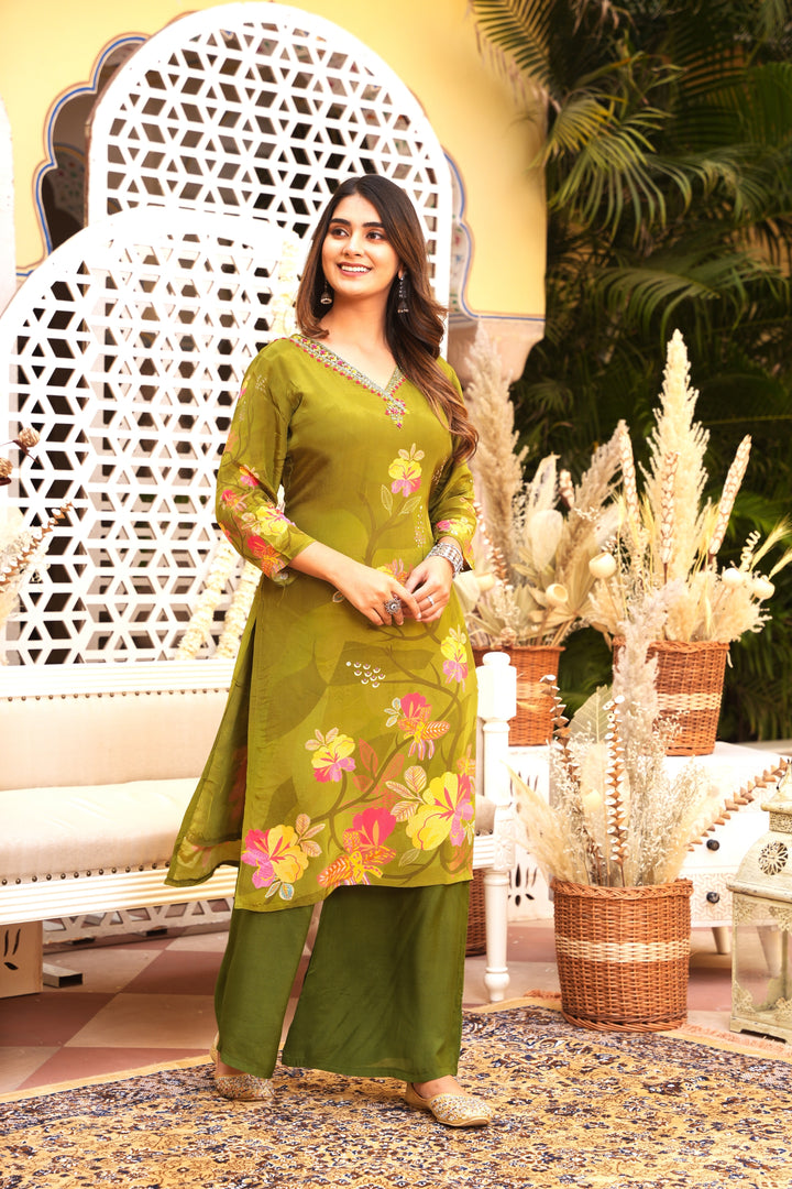 WOMEN'S FLORAL PRINTED - DABKA, DOREE, PEARL & CUTDANA EMBROIDERED - STRAIGHT KURTA, PANT SET OF 2 - GREEN