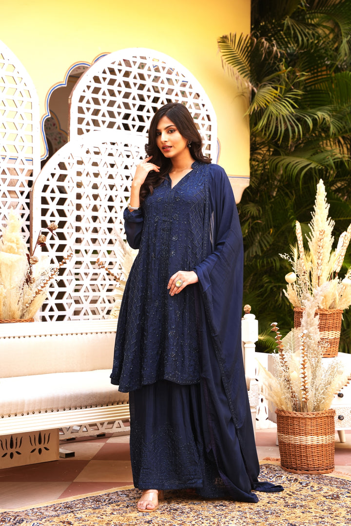 DARK BLUE SHORT KALIDAR FOR WOMEN - PAIRED WITH LEHENGA & DUPATTA - EMBROIDERED WITH RESHAM & HANDWORK - SET OF 3