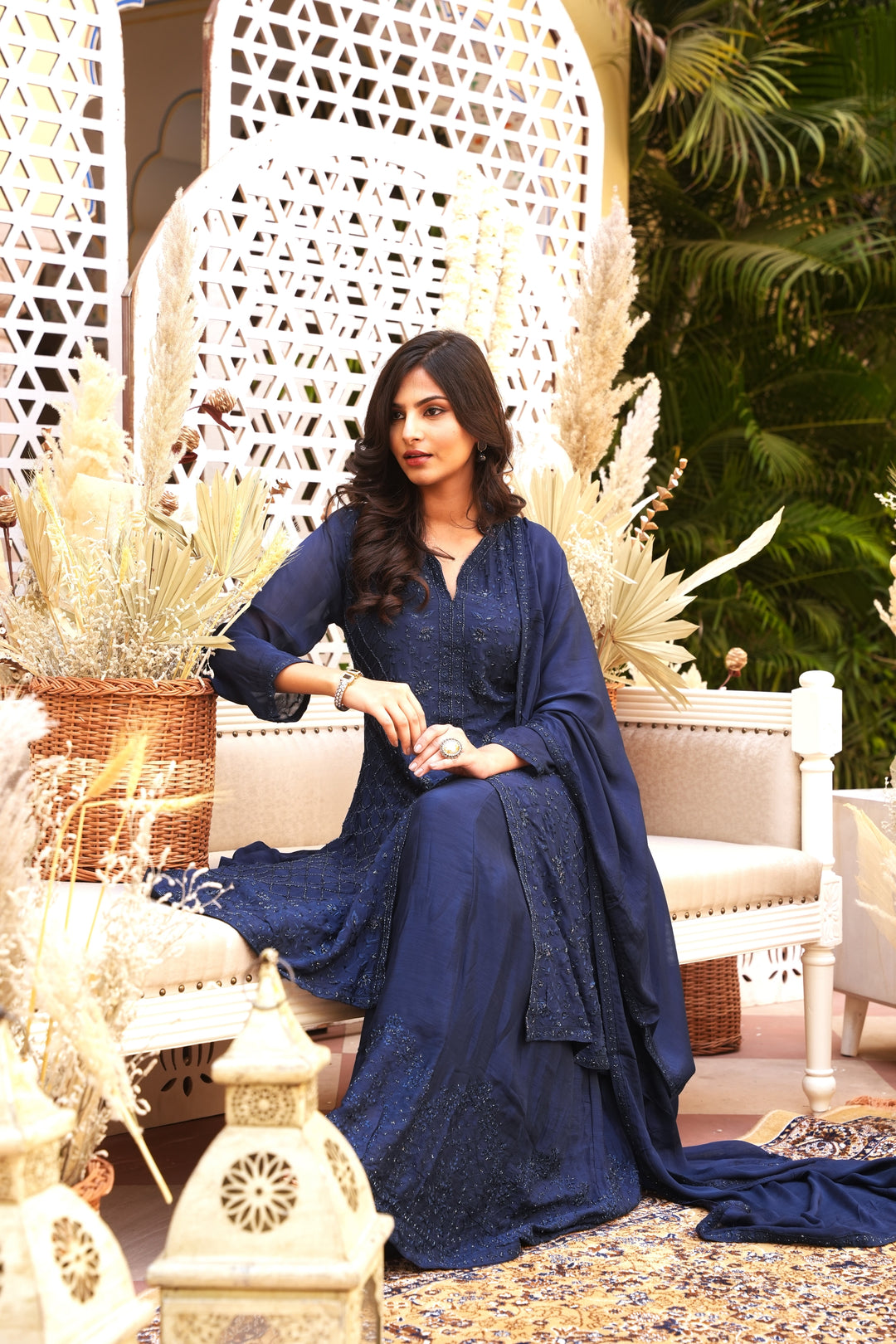 DARK BLUE SHORT KALIDAR FOR WOMEN - PAIRED WITH LEHENGA & DUPATTA - EMBROIDERED WITH RESHAM & HANDWORK - SET OF 3