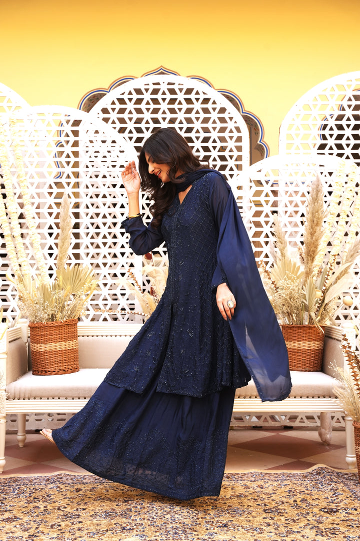 DARK BLUE SHORT KALIDAR FOR WOMEN - PAIRED WITH LEHENGA & DUPATTA - EMBROIDERED WITH RESHAM & HANDWORK - SET OF 3