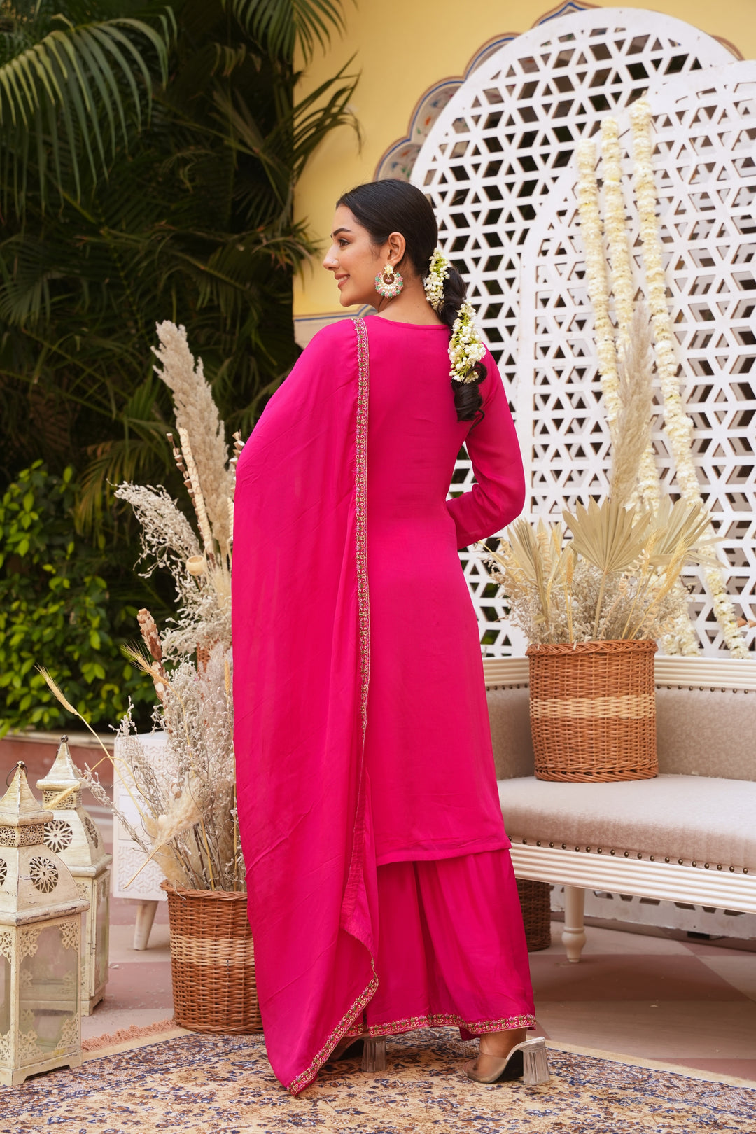 PINK SHARARA SET FOR WOMEN - PAIRED WITH DUPATTA - EMBROIDERED WITH RESHAM & HANDWORK - SET OF 3