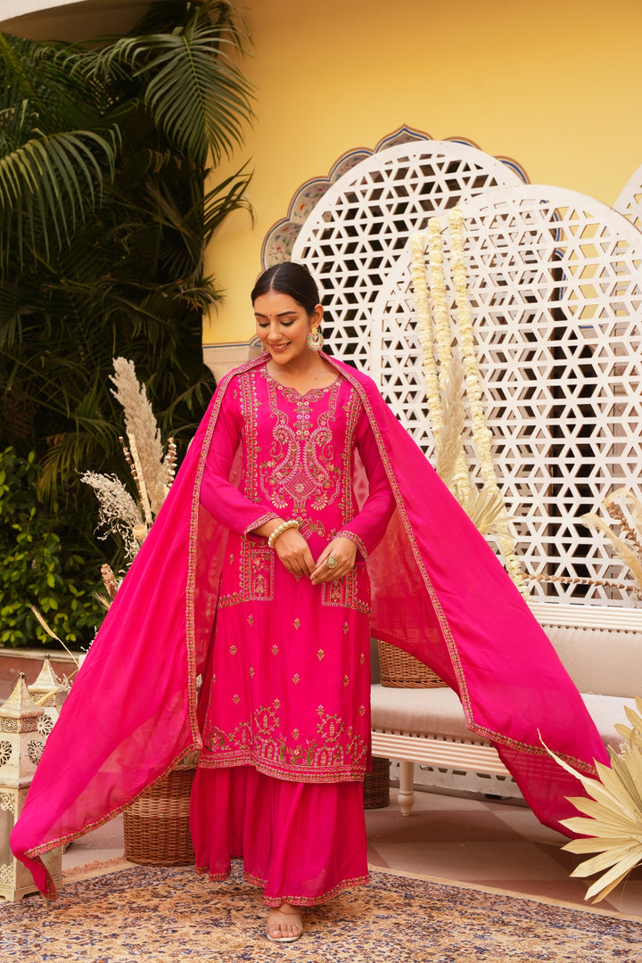 PINK SHARARA SET FOR WOMEN - PAIRED WITH DUPATTA - EMBROIDERED WITH RESHAM & HANDWORK - SET OF 3