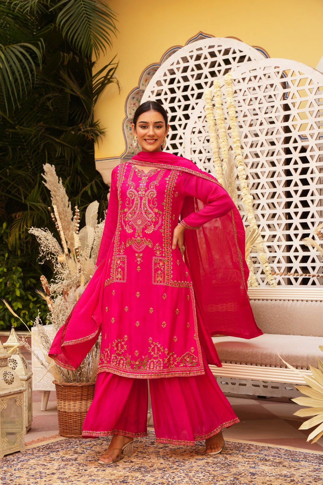 PINK SHARARA SET FOR WOMEN - PAIRED WITH DUPATTA - EMBROIDERED WITH RESHAM & HANDWORK - SET OF 3