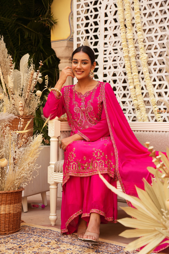 PINK SHARARA SET FOR WOMEN - PAIRED WITH DUPATTA - EMBROIDERED WITH RESHAM & HANDWORK - SET OF 3