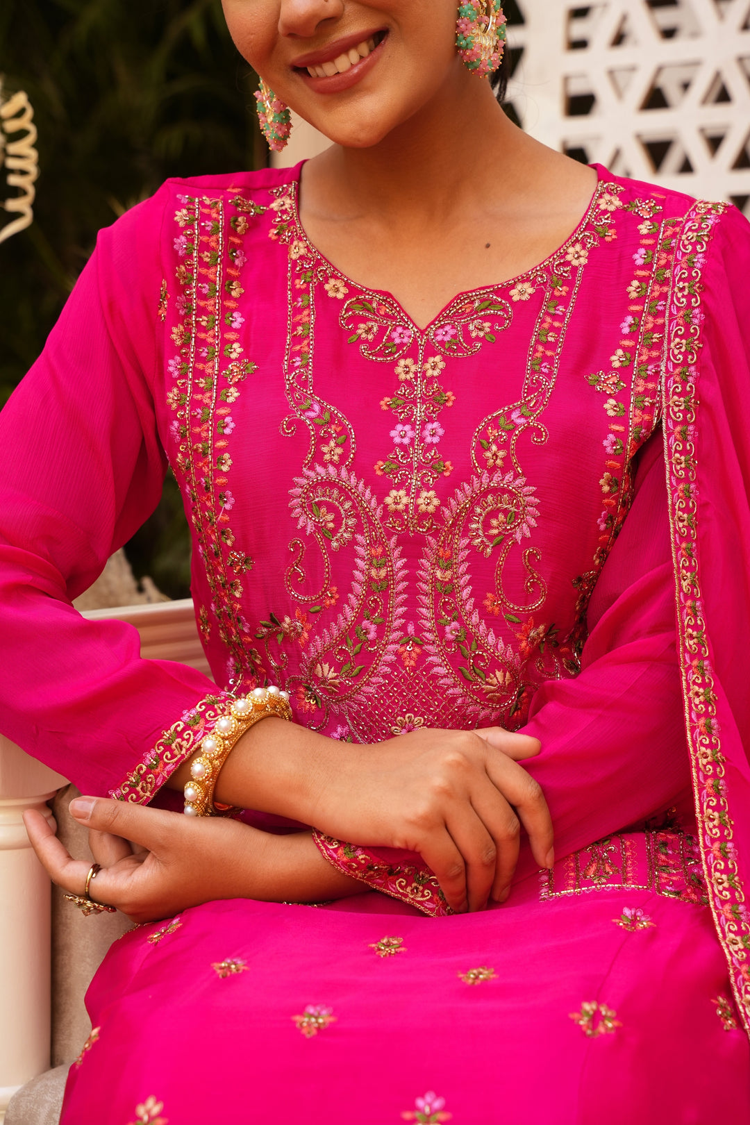 PINK SHARARA SET FOR WOMEN - PAIRED WITH DUPATTA - EMBROIDERED WITH RESHAM & HANDWORK - SET OF 3