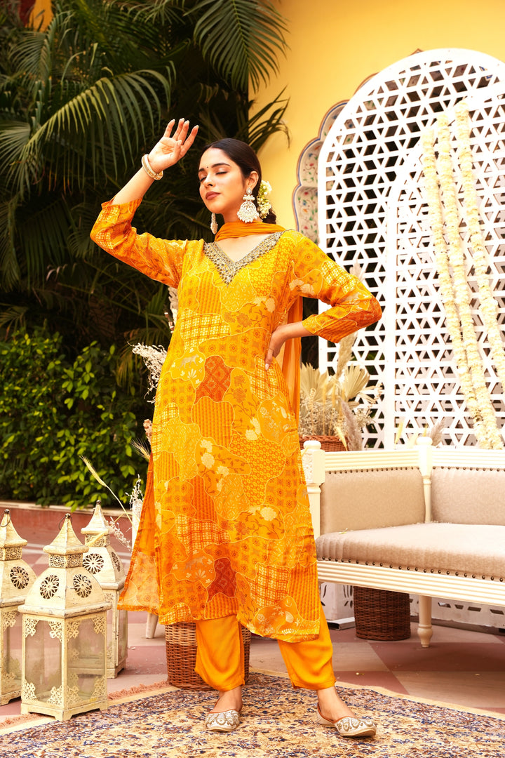 WOMEN'S FLORAL PRINTED - DABKA, DOREE & CUTDANA EMBROIDERED - STRAIGHT KURTA, PANT SET OF 3 - YELLOW