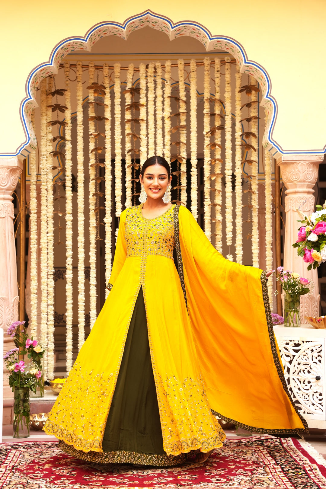 YELLOW INDO-WESTERN FRONT SLIT GOWN FOR WOMEN - PAIRED WITH LEHENGA & DUPATTA - EMBROIDERED WITH RESHAM & HANDWORK - SET OF 3