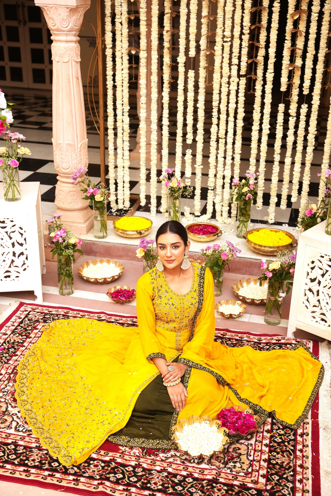 YELLOW INDO-WESTERN FRONT SLIT GOWN FOR WOMEN - PAIRED WITH LEHENGA & DUPATTA - EMBROIDERED WITH RESHAM & HANDWORK - SET OF 3