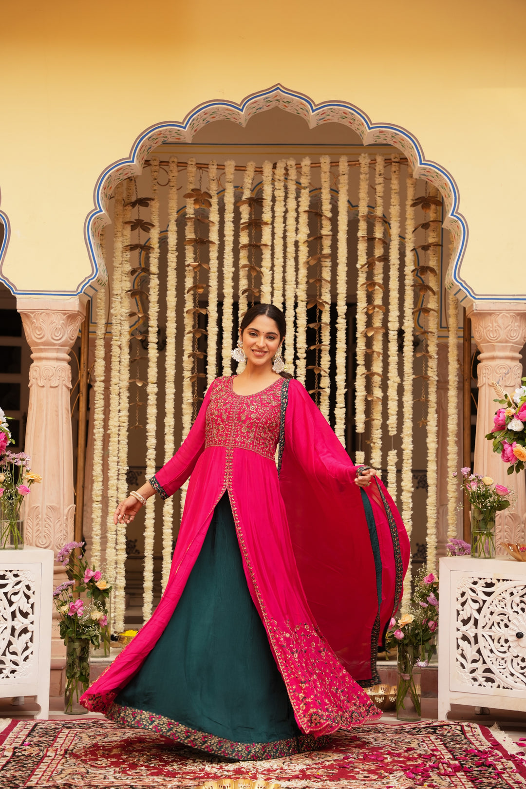 PINK INDO-WESTERN FRONT SLIT GOWN FOR WOMEN - PAIRED WITH LEHENGA & DUPATTA - EMBROIDERED WITH RESHAM & HANDWORK - SET OF 3