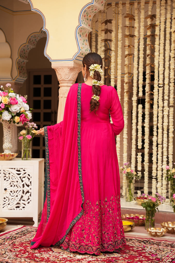 PINK INDO-WESTERN FRONT SLIT GOWN FOR WOMEN - PAIRED WITH LEHENGA & DUPATTA - EMBROIDERED WITH RESHAM & HANDWORK - SET OF 3