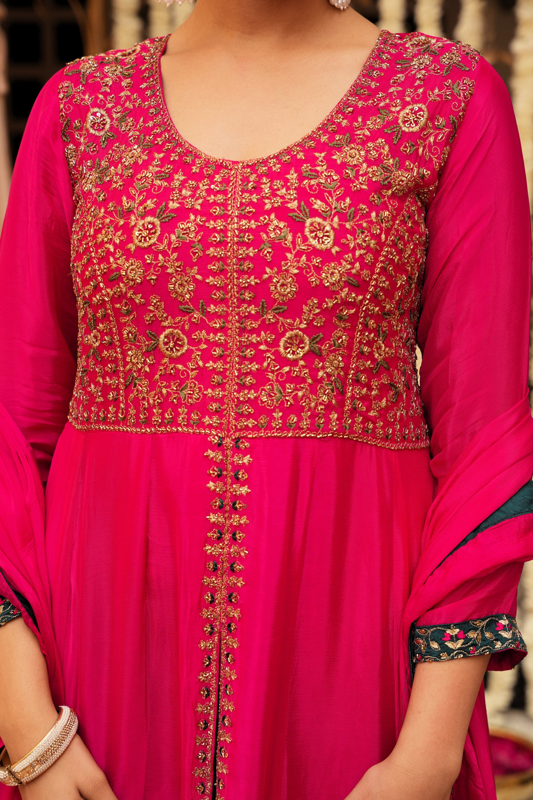 PINK INDO-WESTERN FRONT SLIT GOWN FOR WOMEN - PAIRED WITH LEHENGA & DUPATTA - EMBROIDERED WITH RESHAM & HANDWORK - SET OF 3