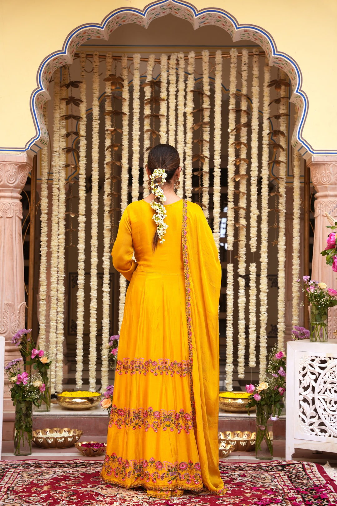 YELLOW INDO-WESTERN FRONT SLIT GOWN FOR WOMEN - EMBROIDERED WITH RESHAM & HANDWORK - PAIRED WITH DUPATTA - SET OF 3