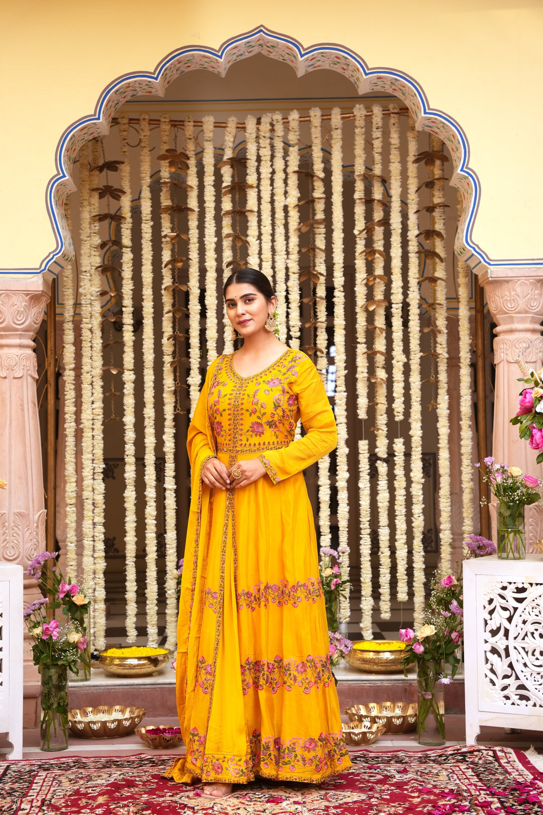 YELLOW INDO-WESTERN FRONT SLIT GOWN FOR WOMEN - EMBROIDERED WITH RESHAM & HANDWORK - PAIRED WITH DUPATTA - SET OF 3