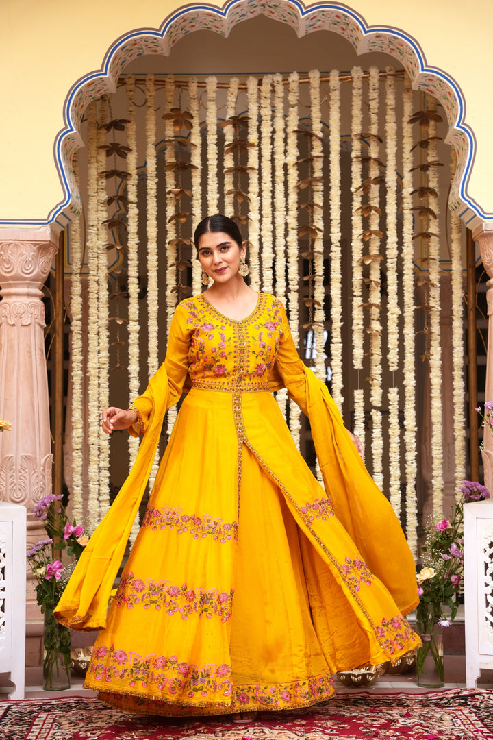 YELLOW INDO-WESTERN FRONT SLIT GOWN FOR WOMEN - EMBROIDERED WITH RESHAM & HANDWORK - PAIRED WITH DUPATTA - SET OF 3