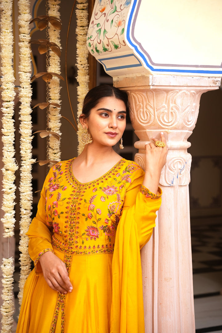 YELLOW INDO-WESTERN FRONT SLIT GOWN FOR WOMEN - EMBROIDERED WITH RESHAM & HANDWORK - PAIRED WITH DUPATTA - SET OF 3