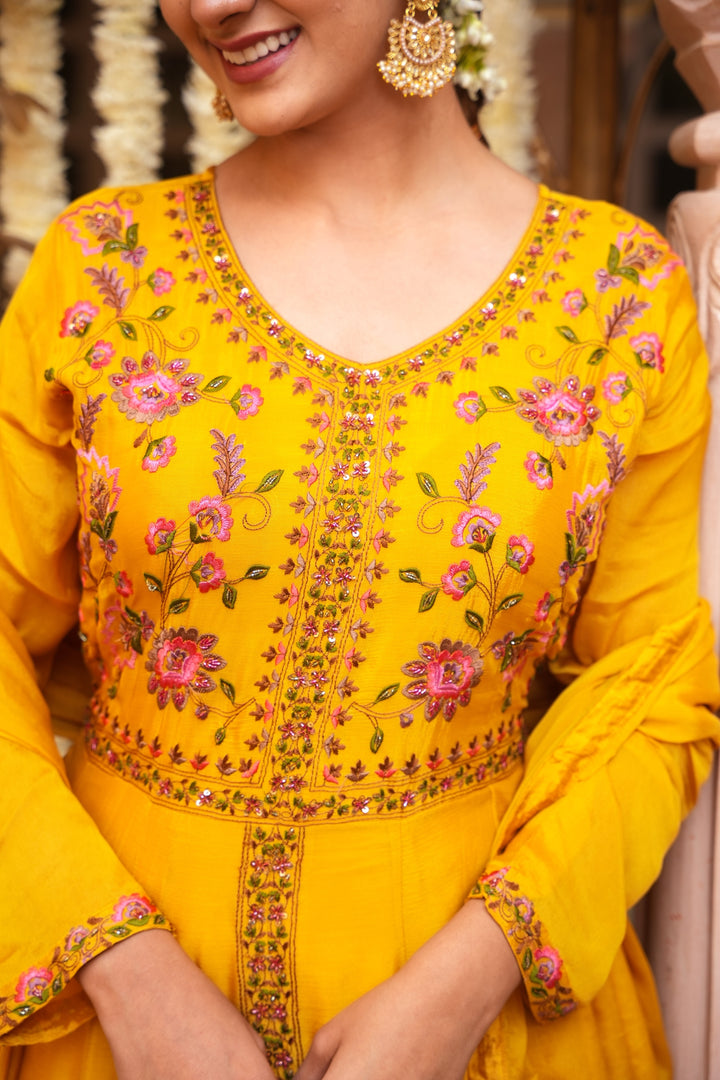 YELLOW INDO-WESTERN FRONT SLIT GOWN FOR WOMEN - EMBROIDERED WITH RESHAM & HANDWORK - PAIRED WITH DUPATTA - SET OF 3